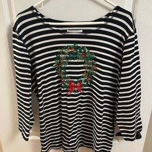Alfred Dunner Black and White Striped Top with Wreath Design